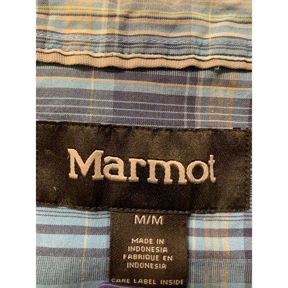 Marmot Blue Plaid Short Sleeve Button Up Shirt Men’s Medium Organic Cotton - Picture 3 of 10